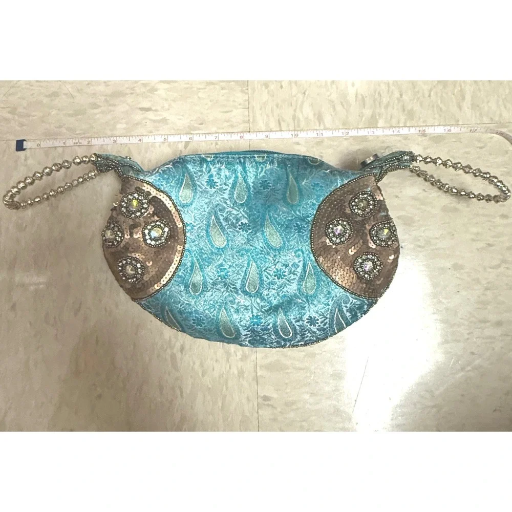 Turquoise Teal Paisley Brocade Wristlet Clutch Sequin Evening Bag Fortune Cookie